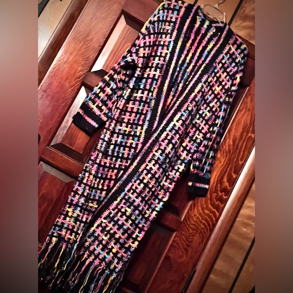 New Multicolor black long bohemian cardigan coat with fringes size s/m - Picture 2 of 15